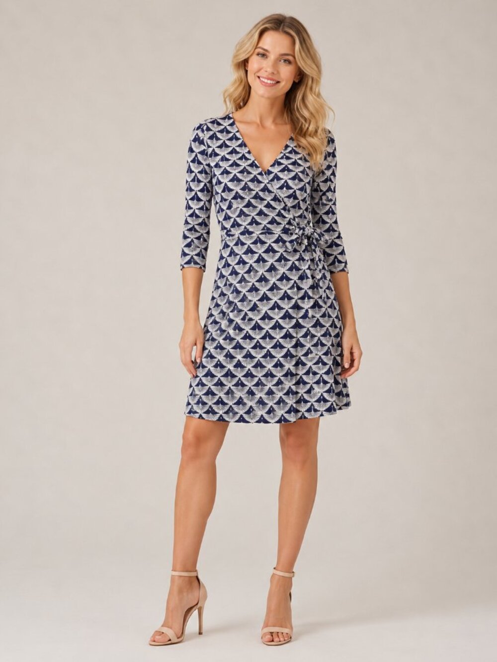 Synergy Bird Print Jersey Faux Wrap Dress 3/4 Sleeve Blue White XS #A1161